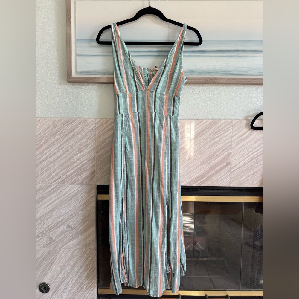 Roxy linen Striped V-Neck Maxi Dress in Mint, Coral & White